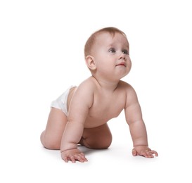 Photo of Cute little baby in diaper on white background