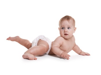 Photo of Cute little baby in diaper on white background