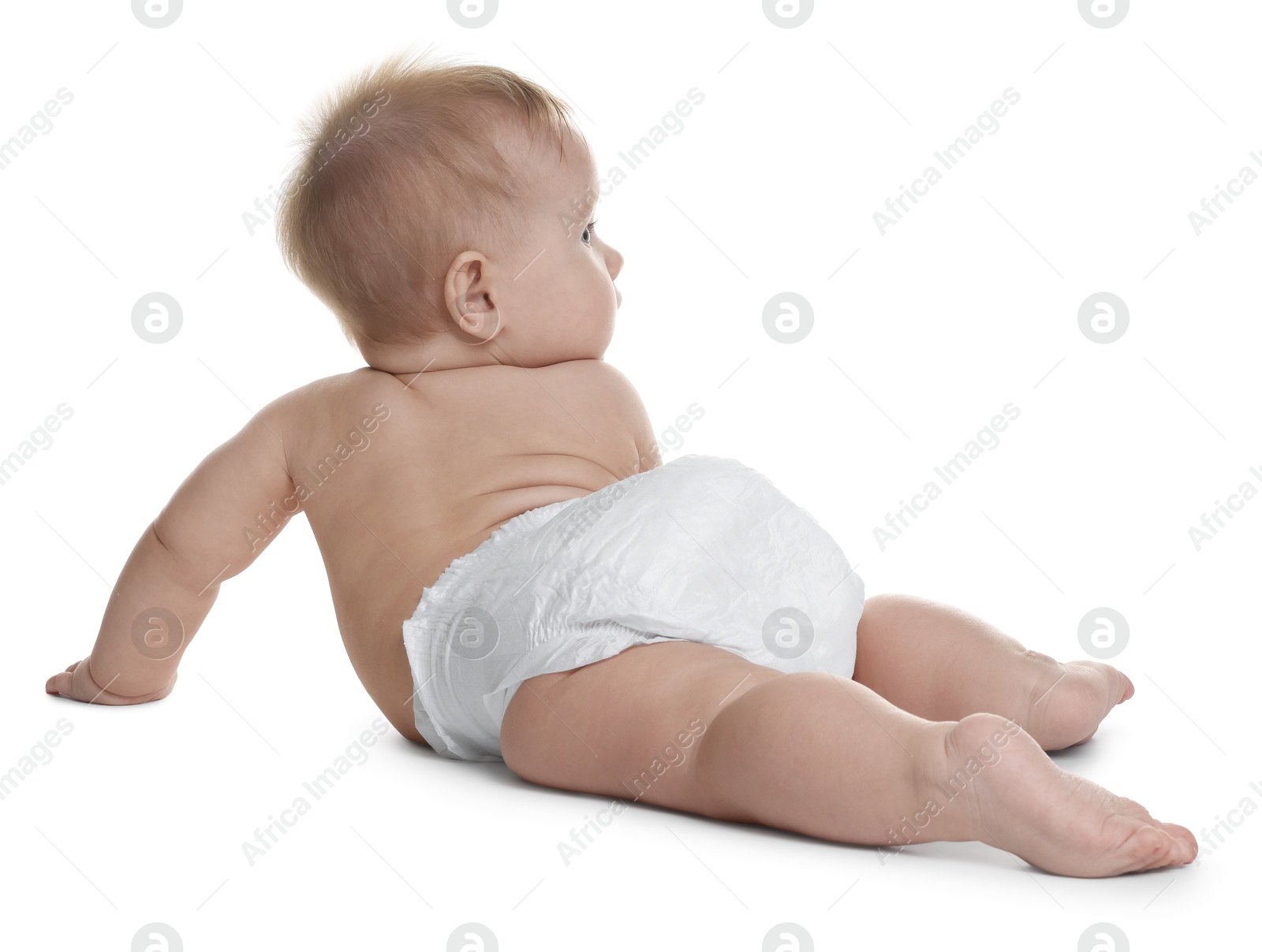 Photo of Cute little baby in diaper on white background, back view