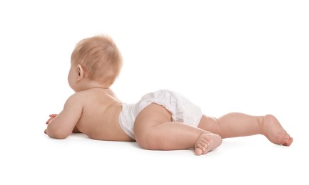 Photo of Cute little baby in diaper on white background, back view