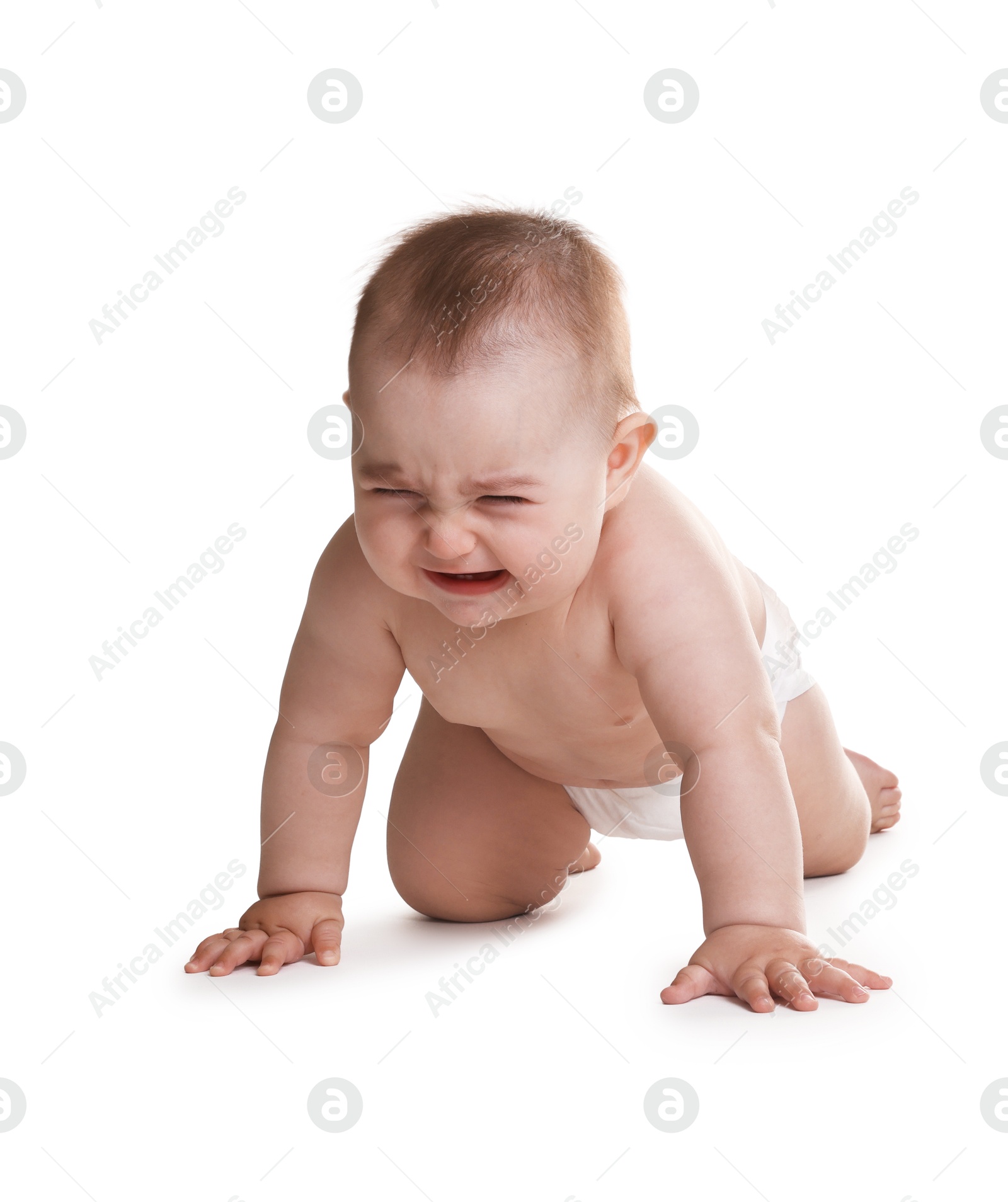 Photo of Crying little baby in diaper on white background