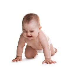 Photo of Crying little baby in diaper on white background