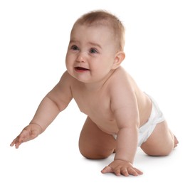 Photo of Crying little baby in diaper on white background