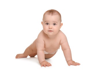 Photo of Cute little baby in diaper on white background