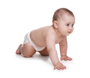 Photo of Cute little baby in diaper on white background