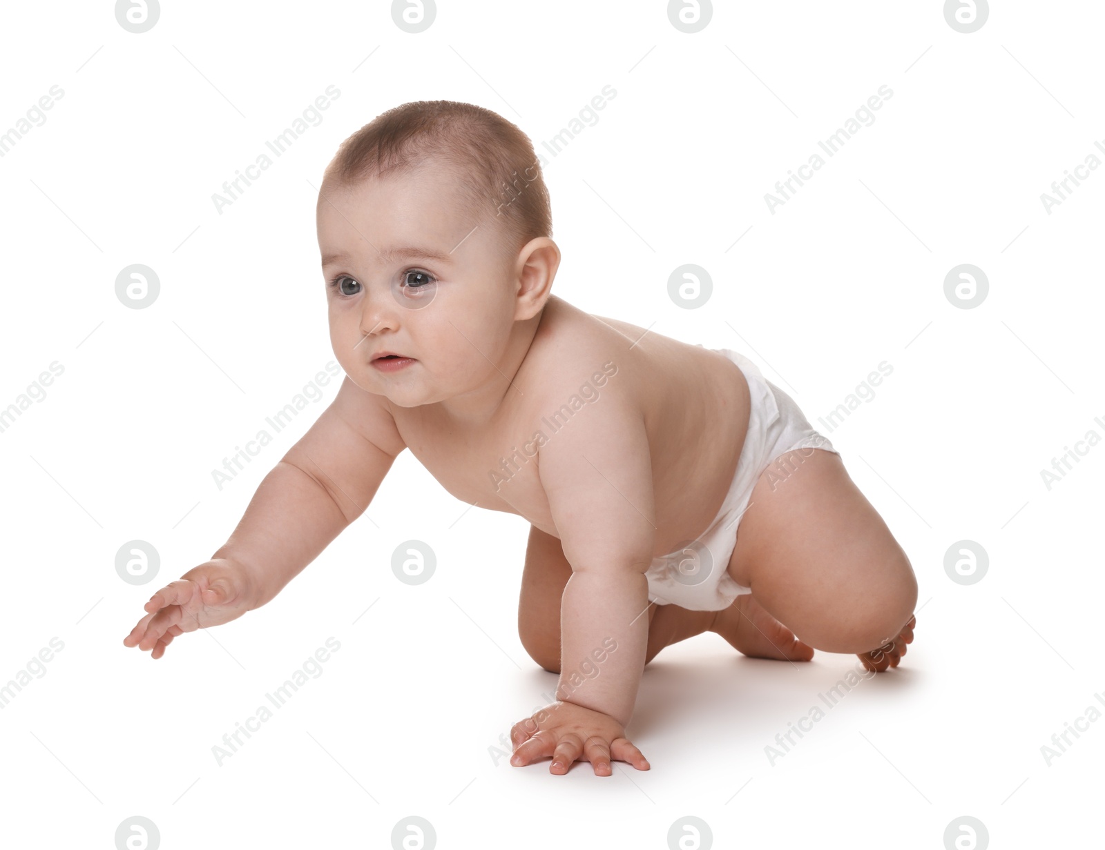 Photo of Cute little baby in diaper on white background
