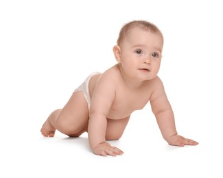Photo of Cute little baby in diaper on white background