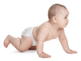 Photo of Cute little baby in diaper on white background