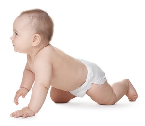 Photo of Cute little baby in diaper on white background