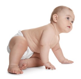 Photo of Cute little baby in diaper on white background