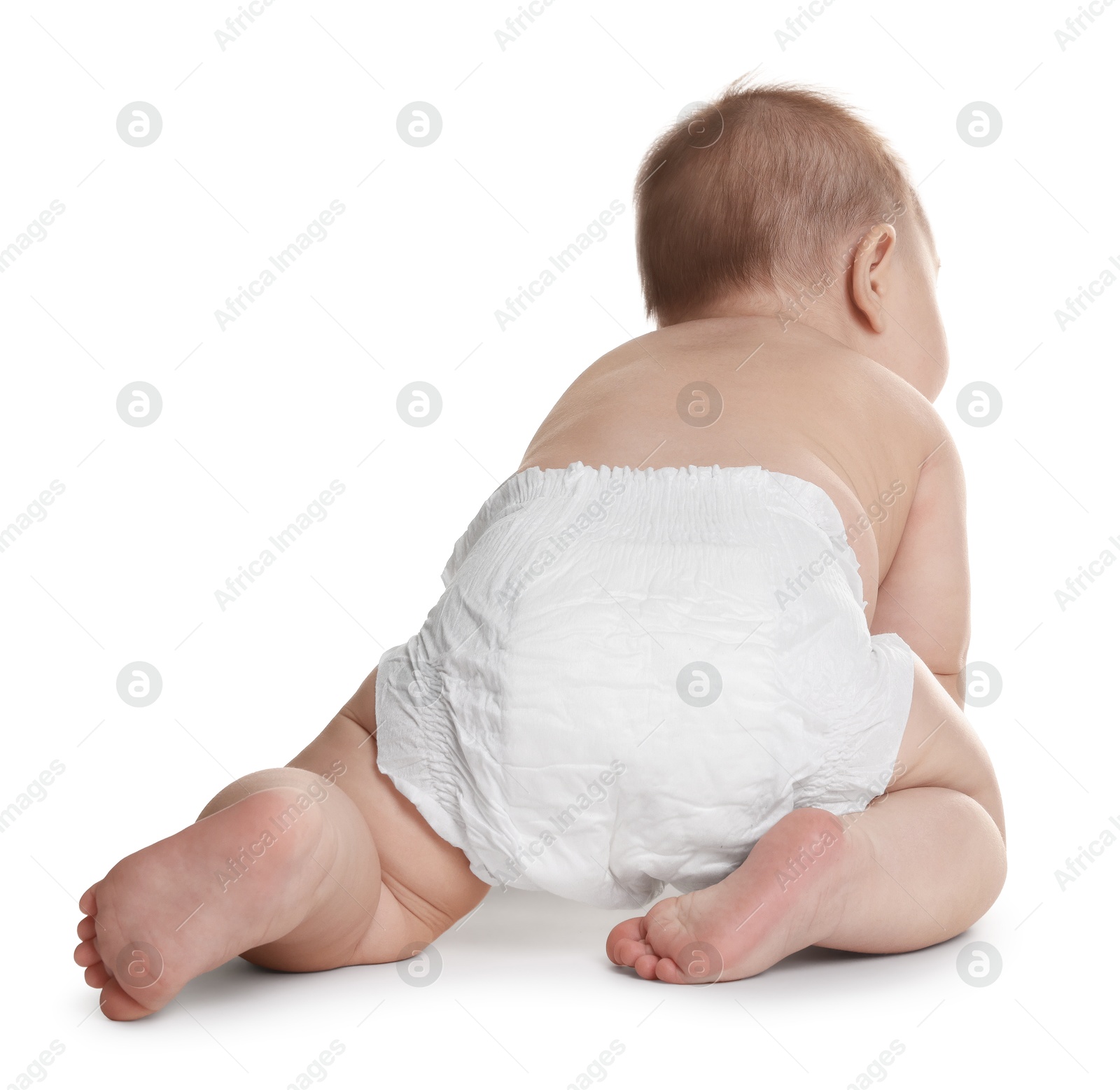 Photo of Cute little baby in diaper on white background, back view