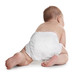 Photo of Cute little baby in diaper on white background, back view