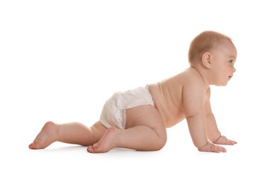 Photo of Cute little baby in diaper on white background