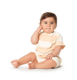 Photo of Cute little baby sitting on white background