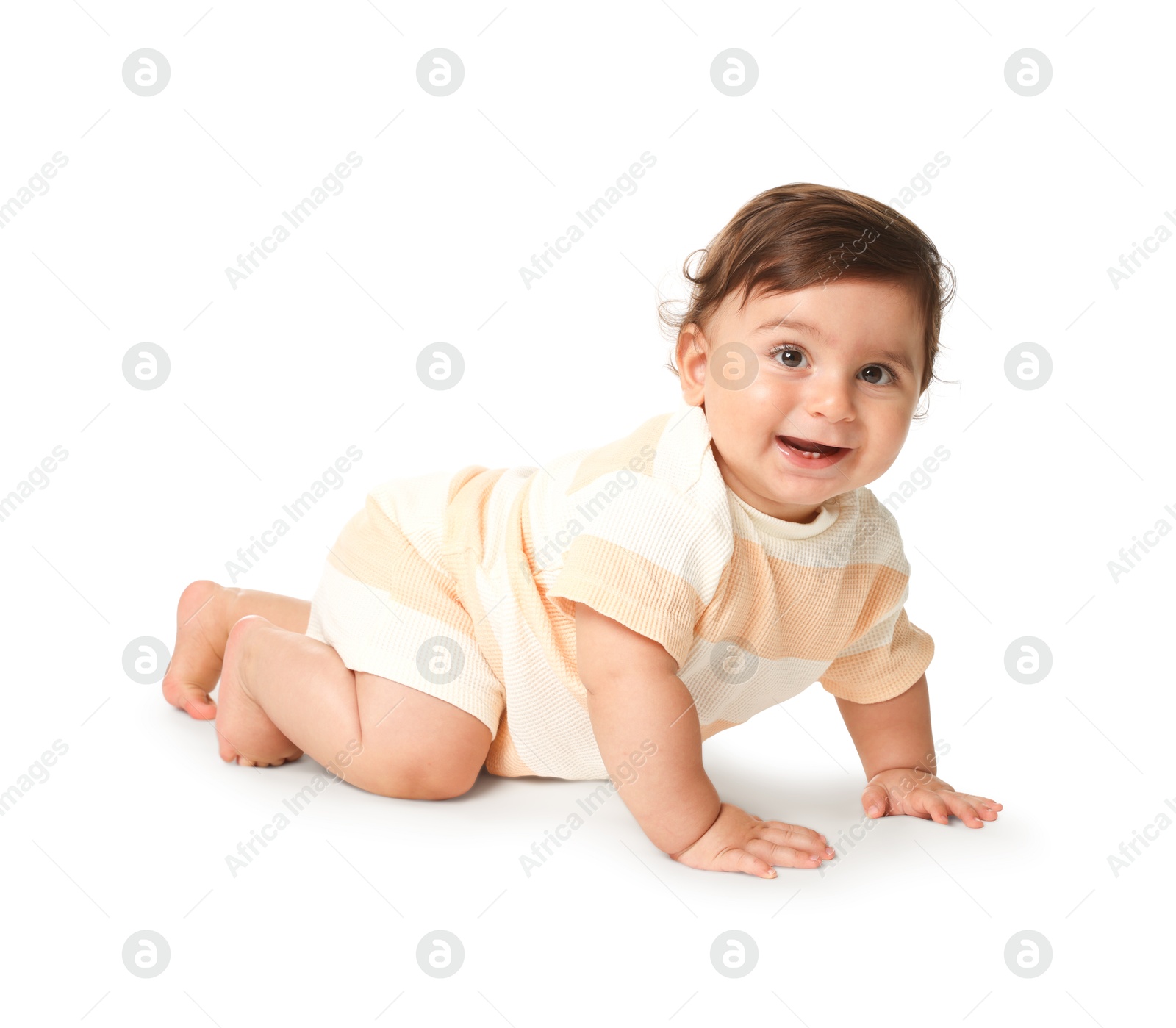 Cute little baby crawling on white background Photo of Cute little baby crawling on white background