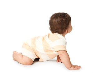 Photo of Cute little baby crawling on white background