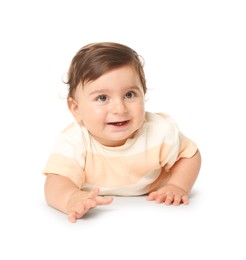 Photo of Cute little baby crawling on white background