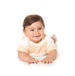 Photo of Cute little baby crawling on white background