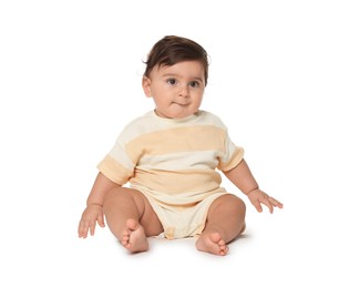 Photo of Cute little baby sitting on white background