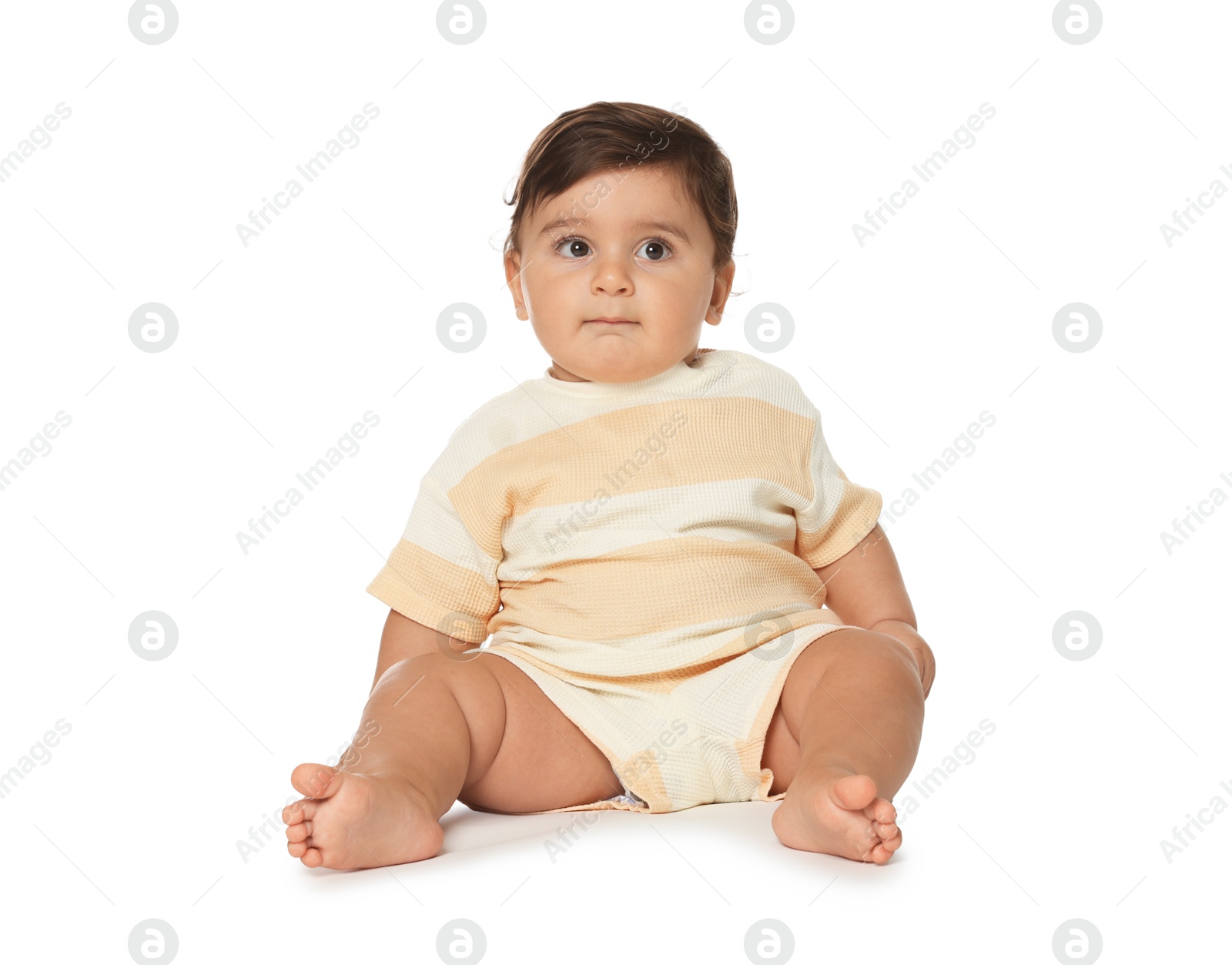 Cute little baby sitting on white background Photo of Cute little baby sitting on white background