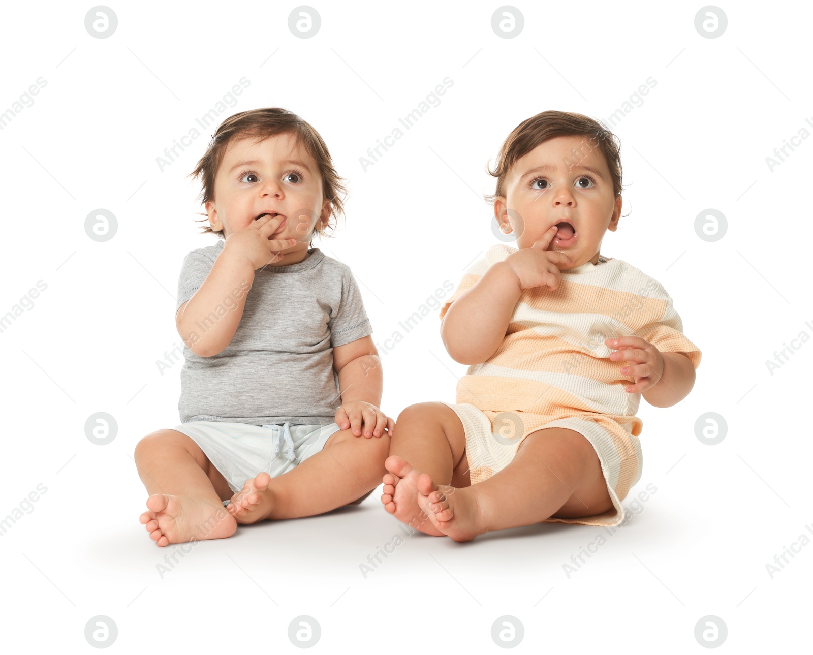 Cute little twin babies on white background Photo of Cute little twin babies on white background