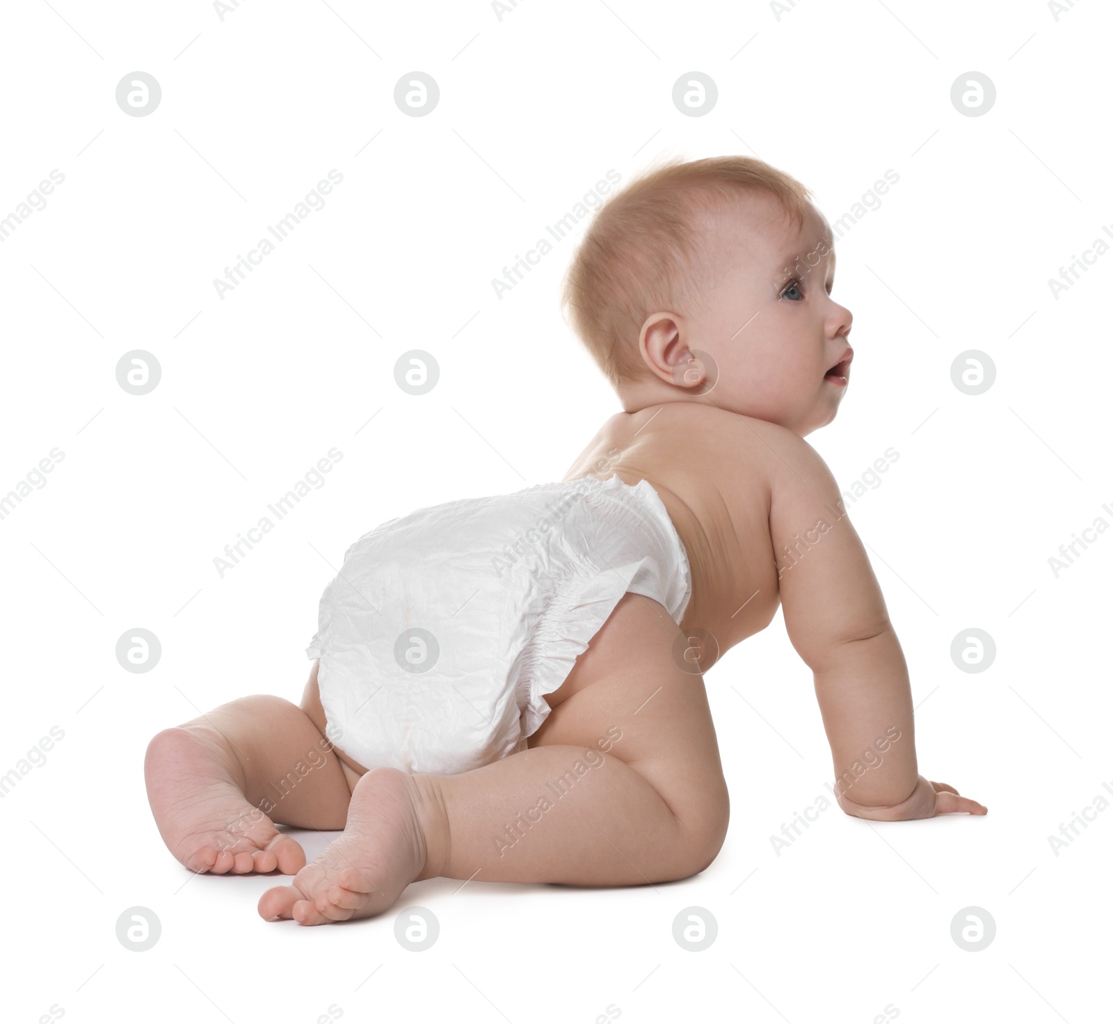 Photo of Cute little baby in diaper on white background