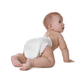 Photo of Cute little baby in diaper on white background