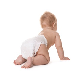 Photo of Cute little baby in diaper on white background, back view