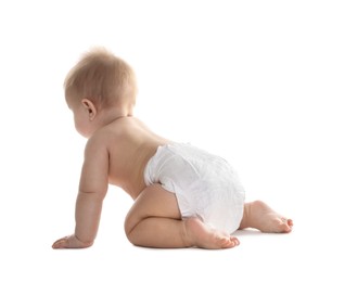 Photo of Cute little baby in diaper on white background