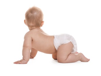 Photo of Cute little baby in diaper on white background