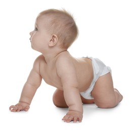 Photo of Cute little baby in diaper on white background