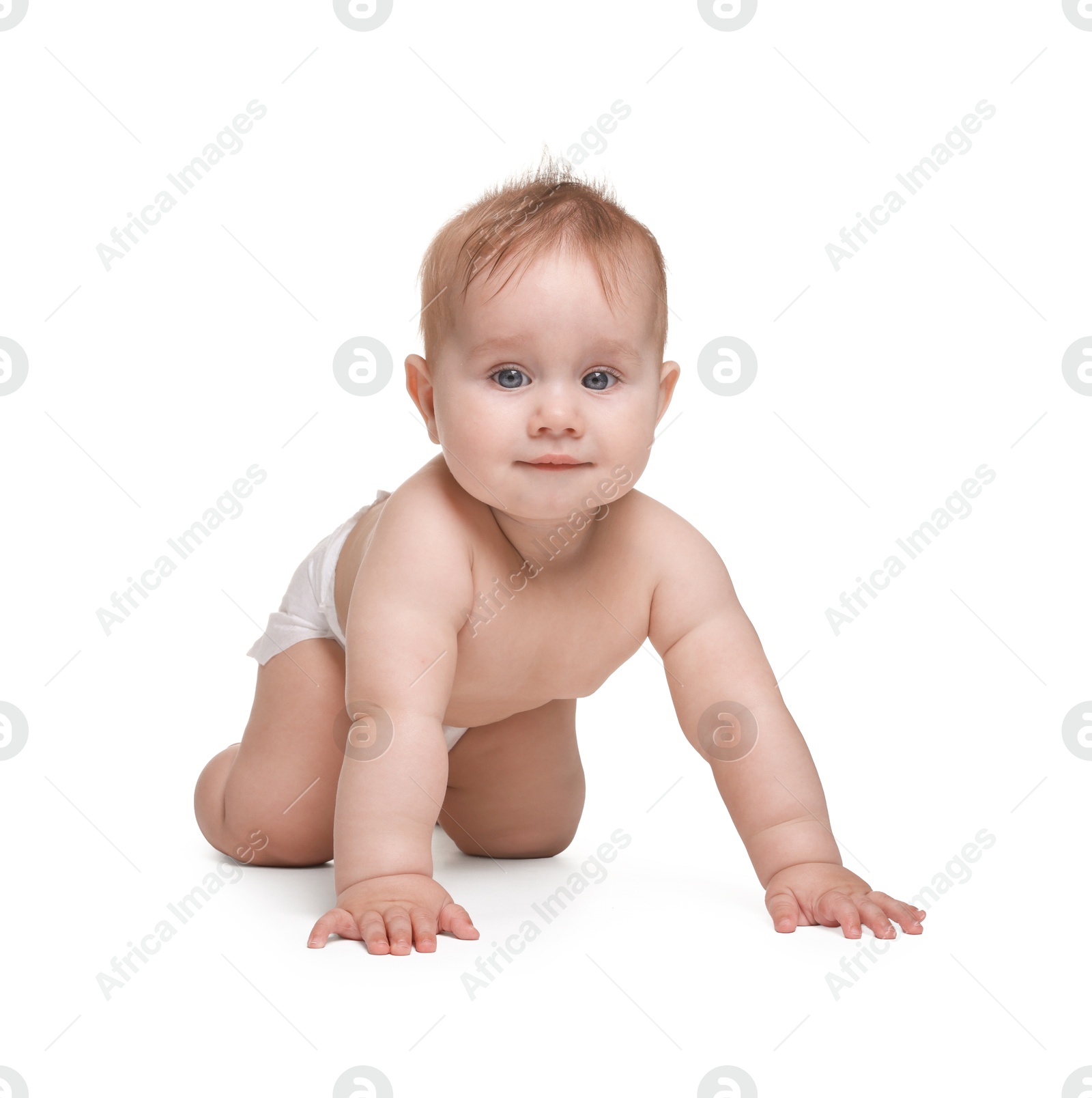Photo of Cute little baby in diaper on white background