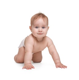 Photo of Cute little baby in diaper on white background