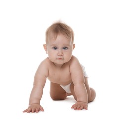 Photo of Cute little baby in diaper on white background