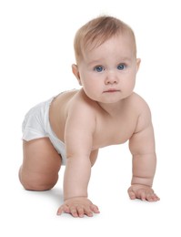 Photo of Cute little baby in diaper on white background