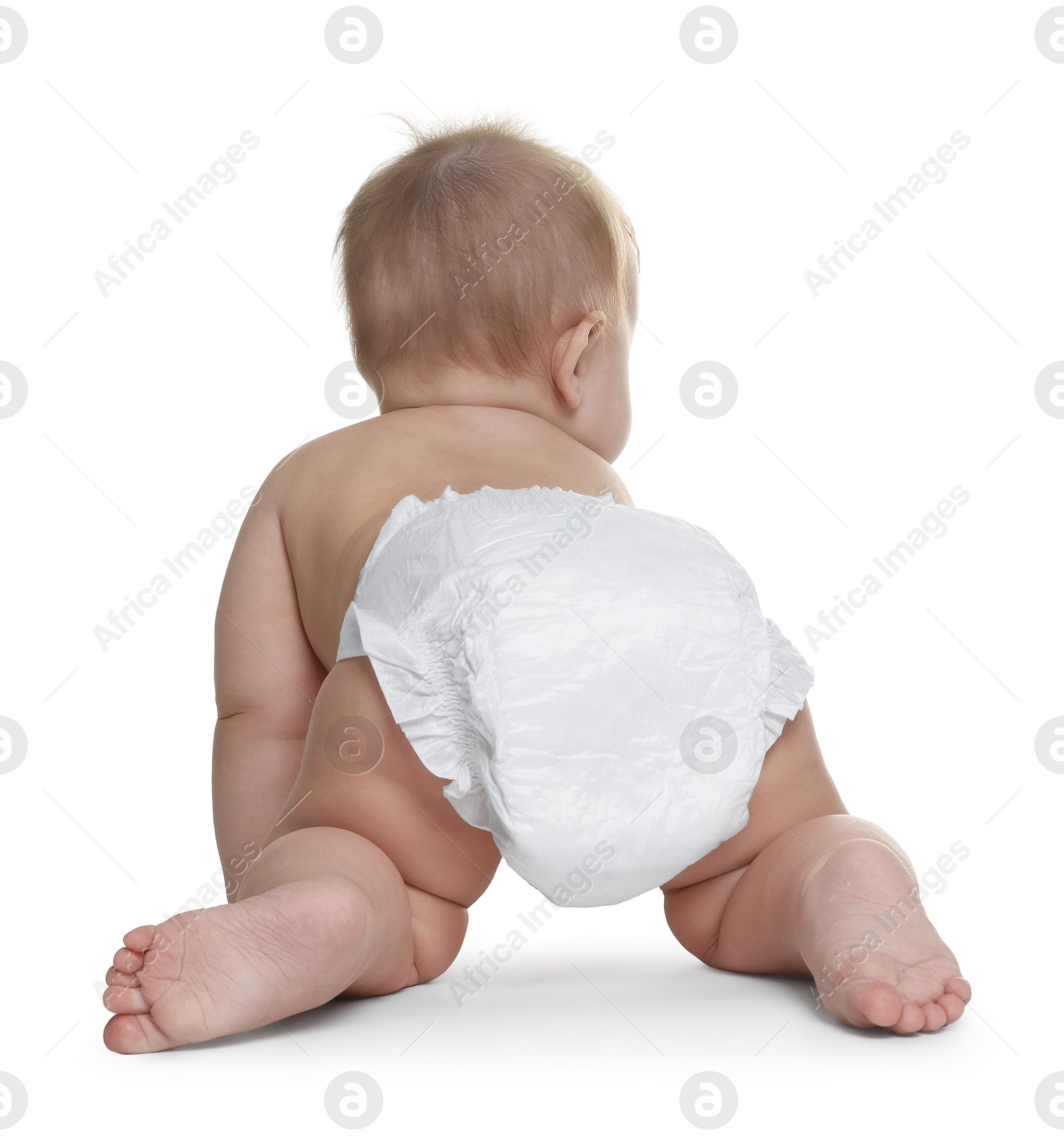 Photo of Cute little baby in diaper on white background, back view