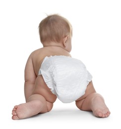 Photo of Cute little baby in diaper on white background, back view