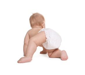 Photo of Cute little baby in diaper on white background, back view