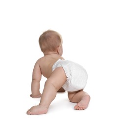 Photo of Cute little baby in diaper on white background, back view