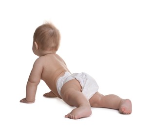 Photo of Cute little baby in diaper on white background, back view