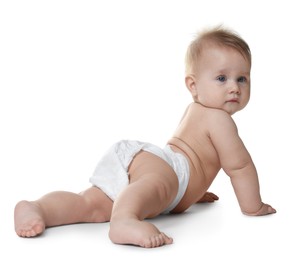 Photo of Cute little baby in diaper on white background