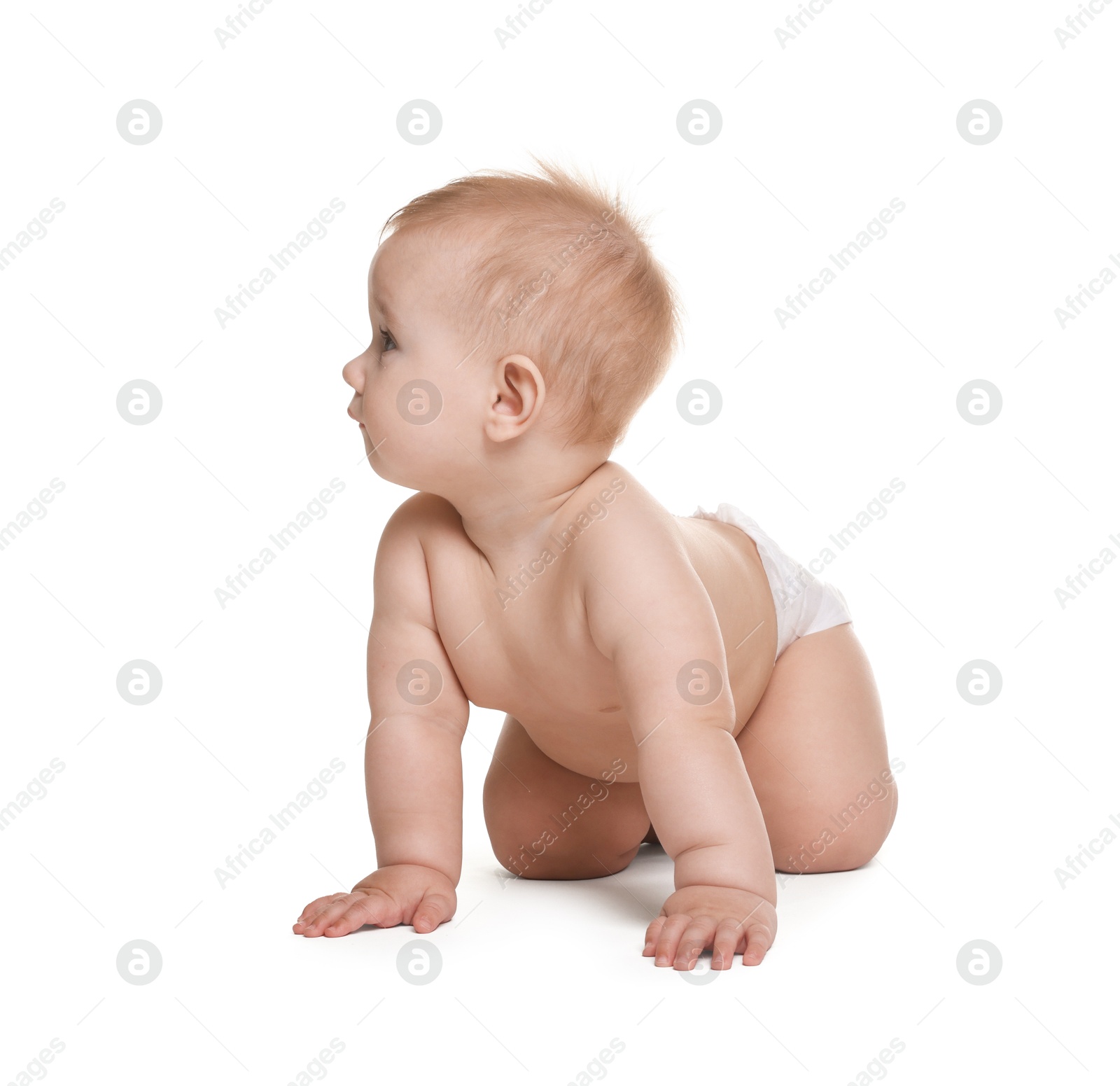 Photo of Cute little baby in diaper on white background
