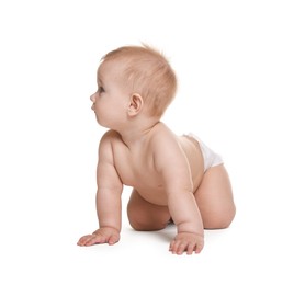 Photo of Cute little baby in diaper on white background