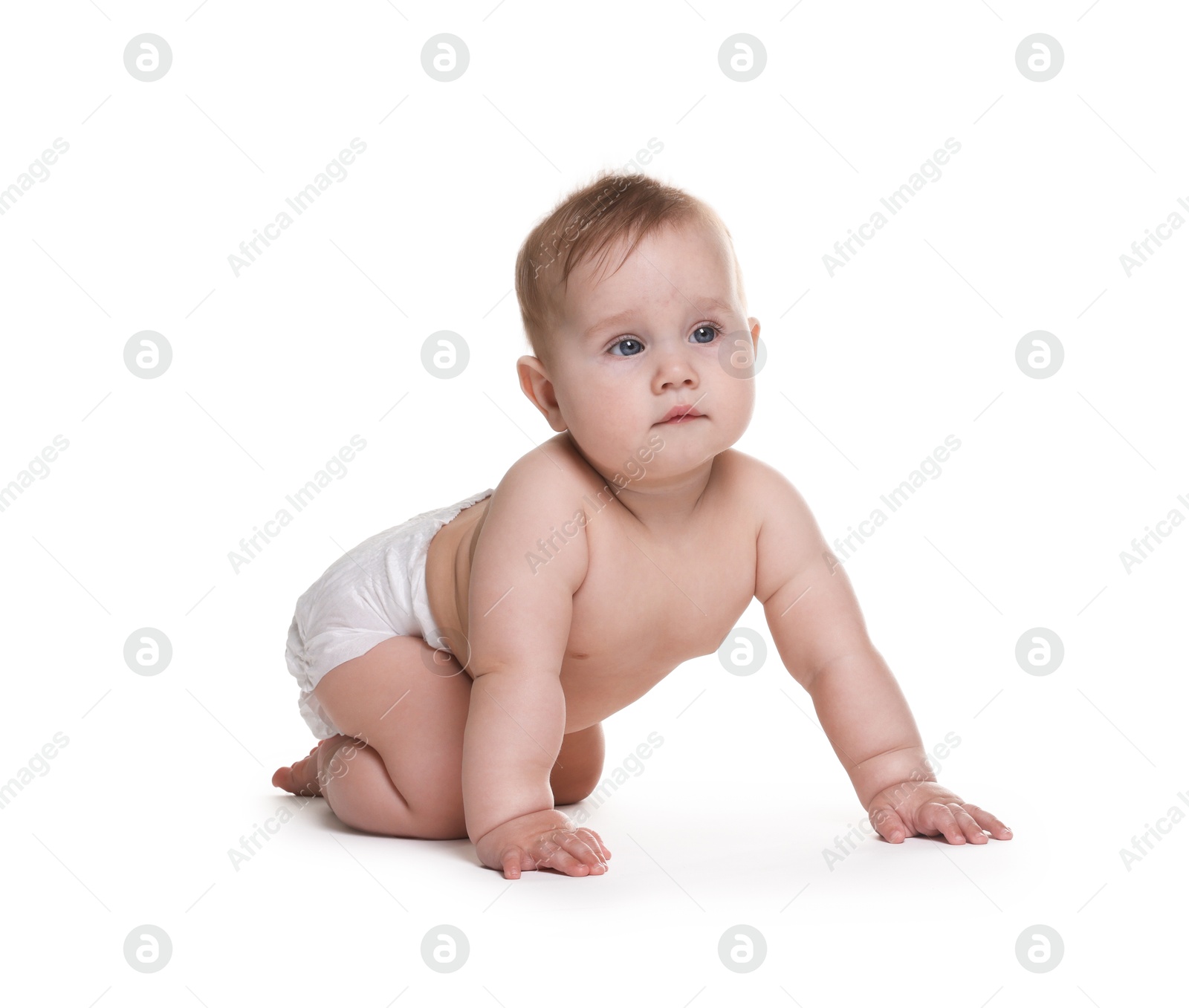 Photo of Cute little baby in diaper on white background