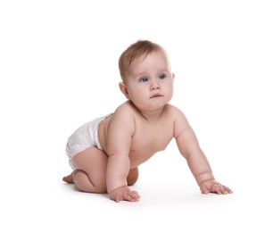Photo of Cute little baby in diaper on white background