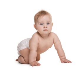 Photo of Cute little baby in diaper on white background