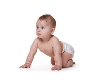 Photo of Cute little baby in diaper on white background