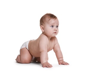 Photo of Cute little baby in diaper on white background