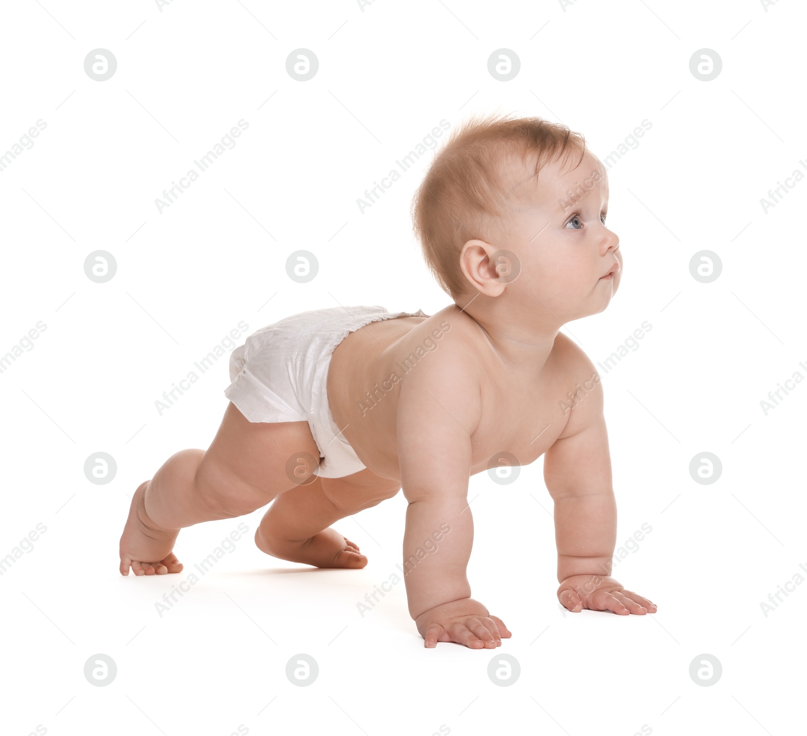 Photo of Cute little baby in diaper on white background
