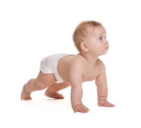 Photo of Cute little baby in diaper on white background